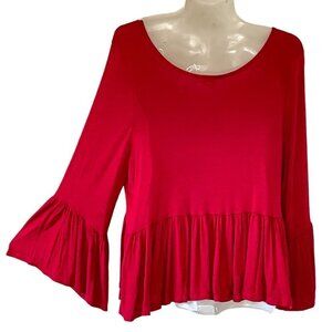 Cacia Red Boxy Crop Top with Scoop Neck Ruffled Bell Sleeve and Peplum Hem  Med